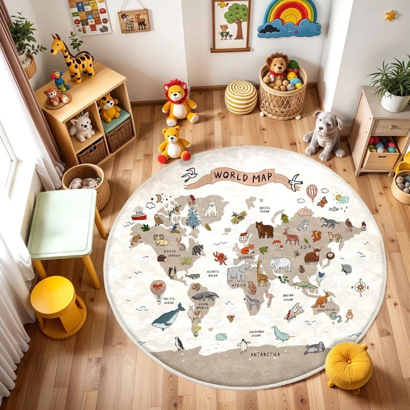 Commercial Printing Machine - Speelronde vloermat Dierenwereldkaart Gedrukt tapijt Slaapkamer